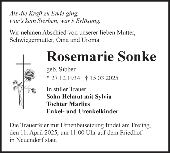 Traueranzeige von Rosemarie Sonke von Lausitzer Rundschau