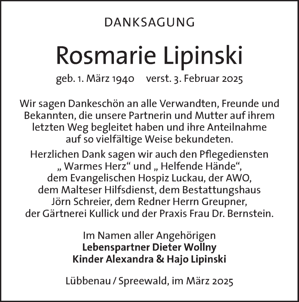  Traueranzeige für Rosmarie Lipinski vom 29.03.2025 aus Lausitzer Rundschau