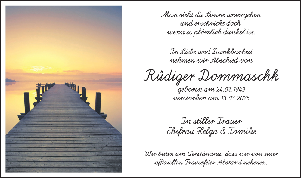  Traueranzeige für Rüdiger Dommaschk vom 22.03.2025 aus Lausitzer Rundschau