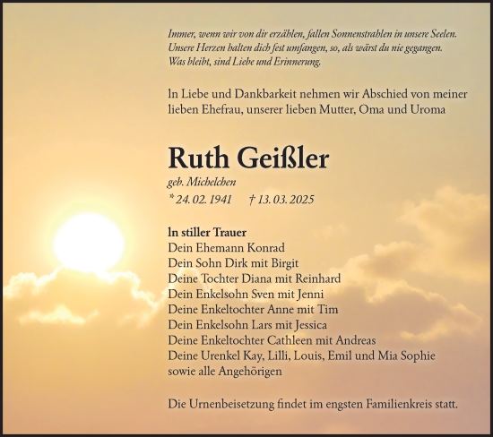 Traueranzeige von Ruth Geißler von Lausitzer Rundschau