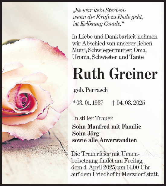 Traueranzeige von Ruth Greiner von Lausitzer Rundschau