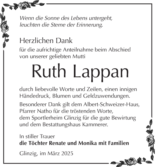 Traueranzeige von Ruth Lappan von Lausitzer Rundschau