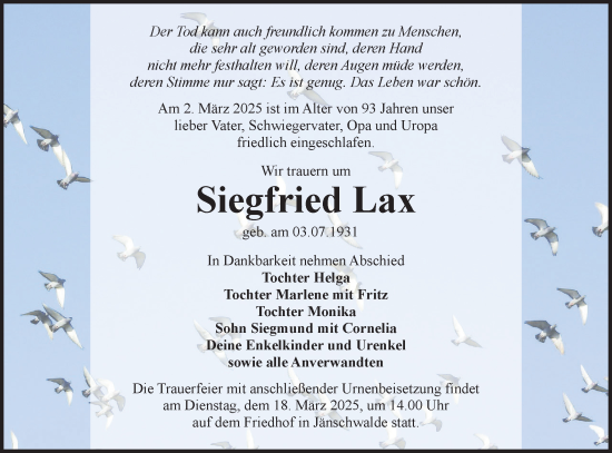 Traueranzeige von Siegfried Lax von Lausitzer Rundschau