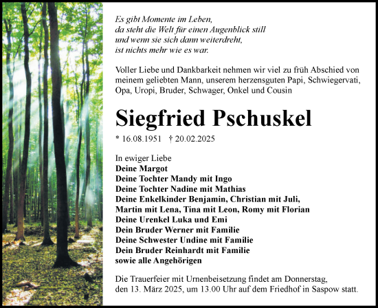Traueranzeige von Siegfried Pschuskel von Lausitzer Rundschau