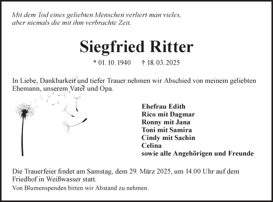 Traueranzeige von Siegfried Ritter von Lausitzer Rundschau