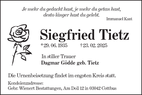 Traueranzeige von Siegfried Tietz von Lausitzer Rundschau