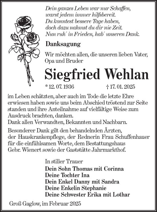 Traueranzeige von Siegfried Wehlan von Lausitzer Rundschau