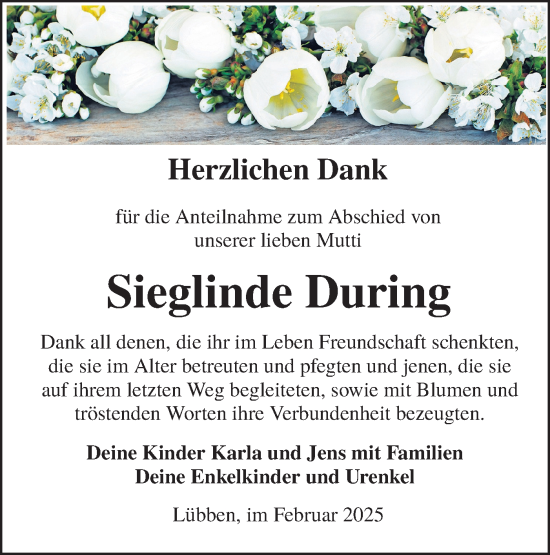 Traueranzeige von Sieglinde During von Lausitzer Rundschau