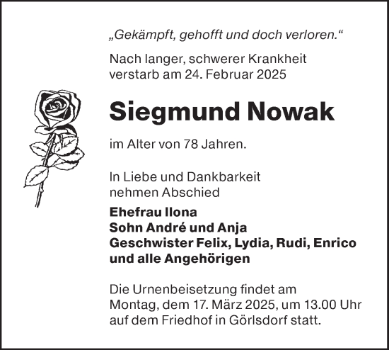 Traueranzeige von Siegmund Nowak von Lausitzer Rundschau