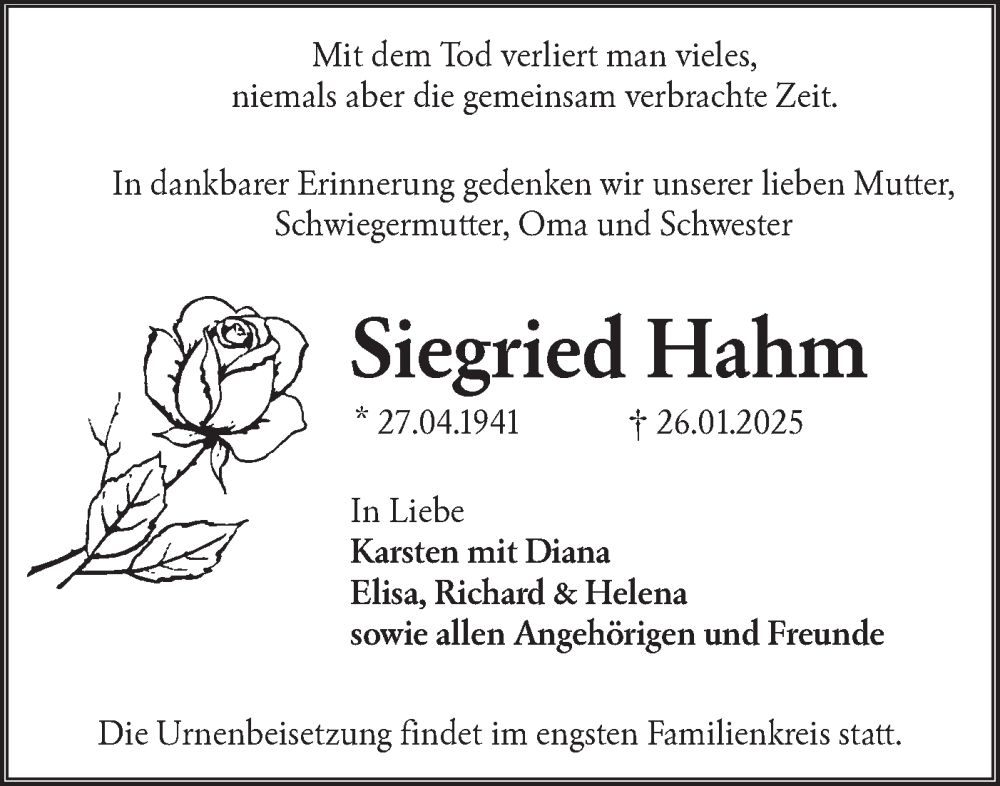  Traueranzeige für Siegried Hahm vom 08.03.2025 aus Lausitzer Rundschau