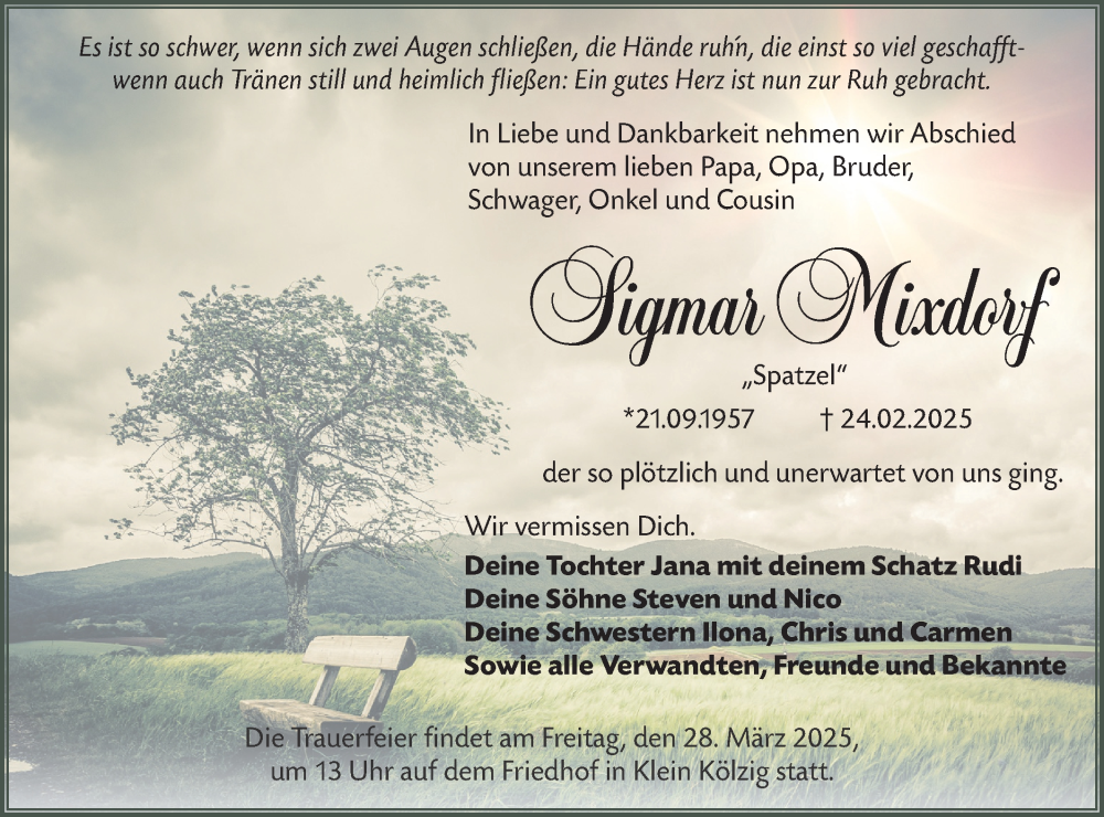  Traueranzeige für Sigmar Mixdorf vom 22.03.2025 aus Lausitzer Rundschau