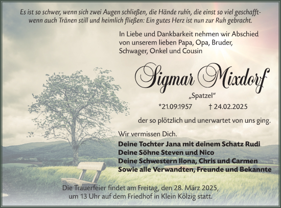 Traueranzeige von Sigmar Mixdorf von Lausitzer Rundschau