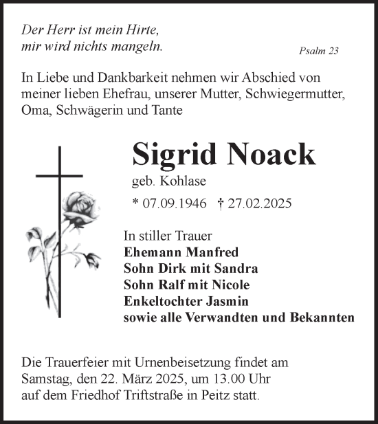 Traueranzeige von Sigrid Noack von Lausitzer Rundschau