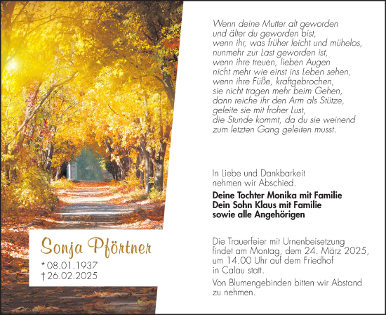 Traueranzeige von Sonja Pförtner von Lausitzer Rundschau