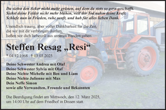Traueranzeige von Steffen Resag von Lausitzer Rundschau