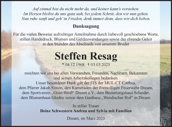 Traueranzeige von Steffen Resag von Lausitzer Rundschau