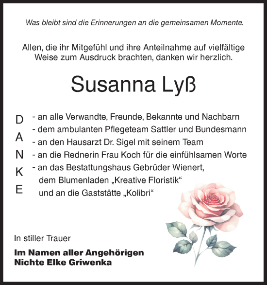 Traueranzeige von Susanna Lyß von Lausitzer Rundschau