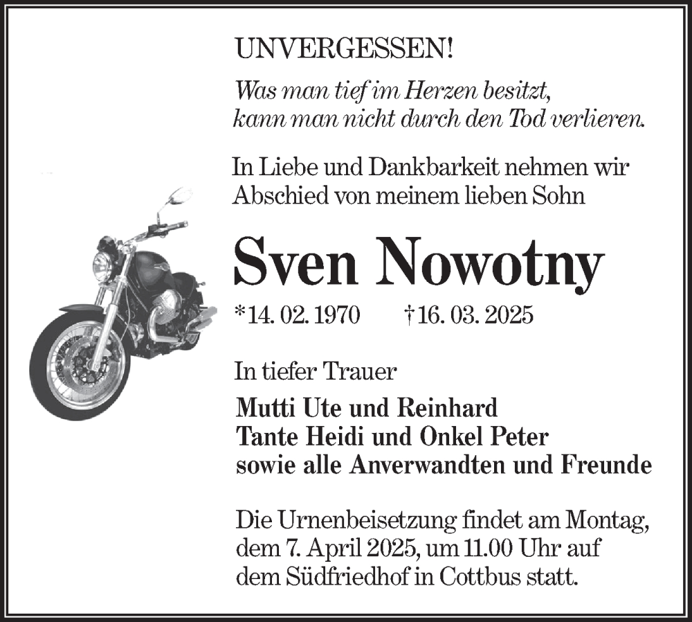  Traueranzeige für Sven Nowotny vom 29.03.2025 aus Lausitzer Rundschau