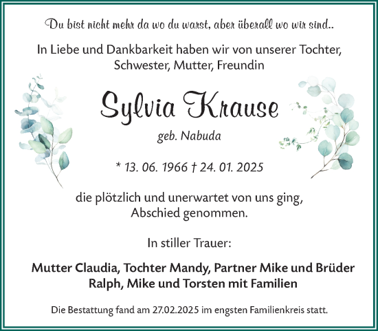 Traueranzeige von Sylvia Krause von Lausitzer Rundschau