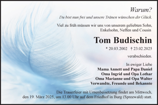 Traueranzeige von Tom Budischin von Lausitzer Rundschau