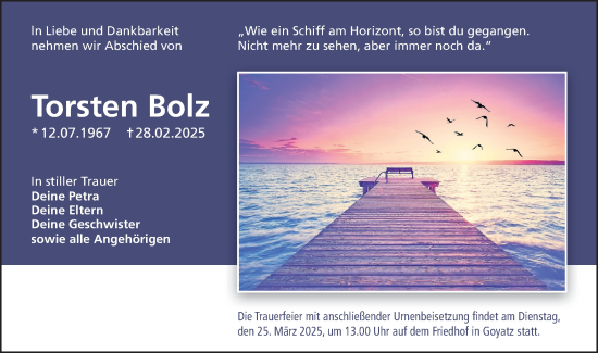 Traueranzeige von Torsten Bolz von Lausitzer Rundschau