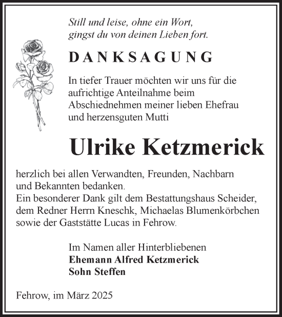 Traueranzeige von Ulrike Ketzmerick von Lausitzer Rundschau