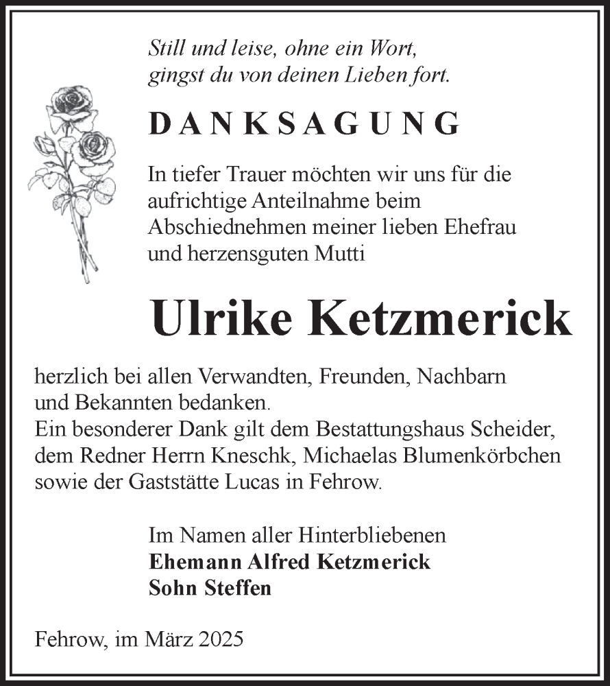  Traueranzeige für Ulrike Ketzmerick vom 22.03.2025 aus Lausitzer Rundschau
