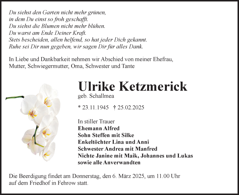  Traueranzeige für Ulrike Ketzmerick vom 01.03.2025 aus Lausitzer Rundschau