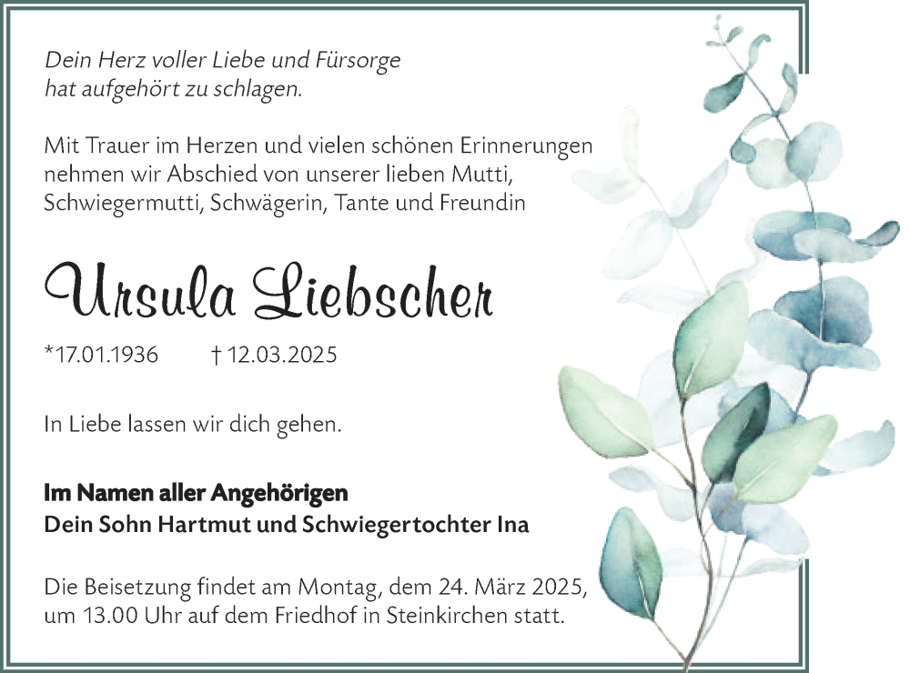  Traueranzeige für Ursula Liebscher vom 20.03.2025 aus Lausitzer Rundschau