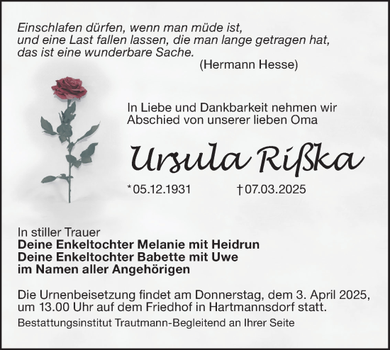 Traueranzeige von Ursula Rißka von Lausitzer Rundschau