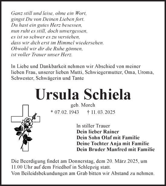 Traueranzeige von Ursula Schiela von Lausitzer Rundschau