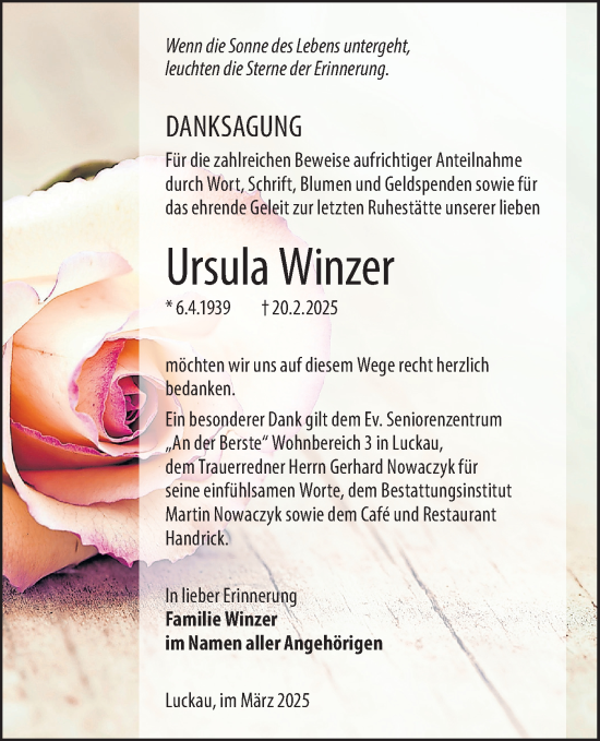 Traueranzeige von Ursula Winzer von Lausitzer Rundschau