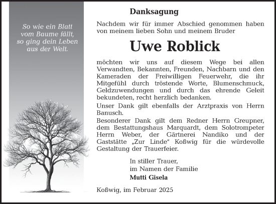 Traueranzeige von Uwe Roblick von Lausitzer Rundschau