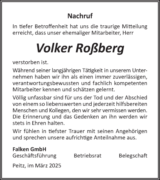 Traueranzeige von Volker Roßberg von Lausitzer Rundschau
