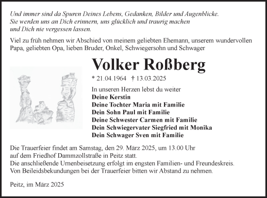Traueranzeige von Volker Roßberg von Lausitzer Rundschau