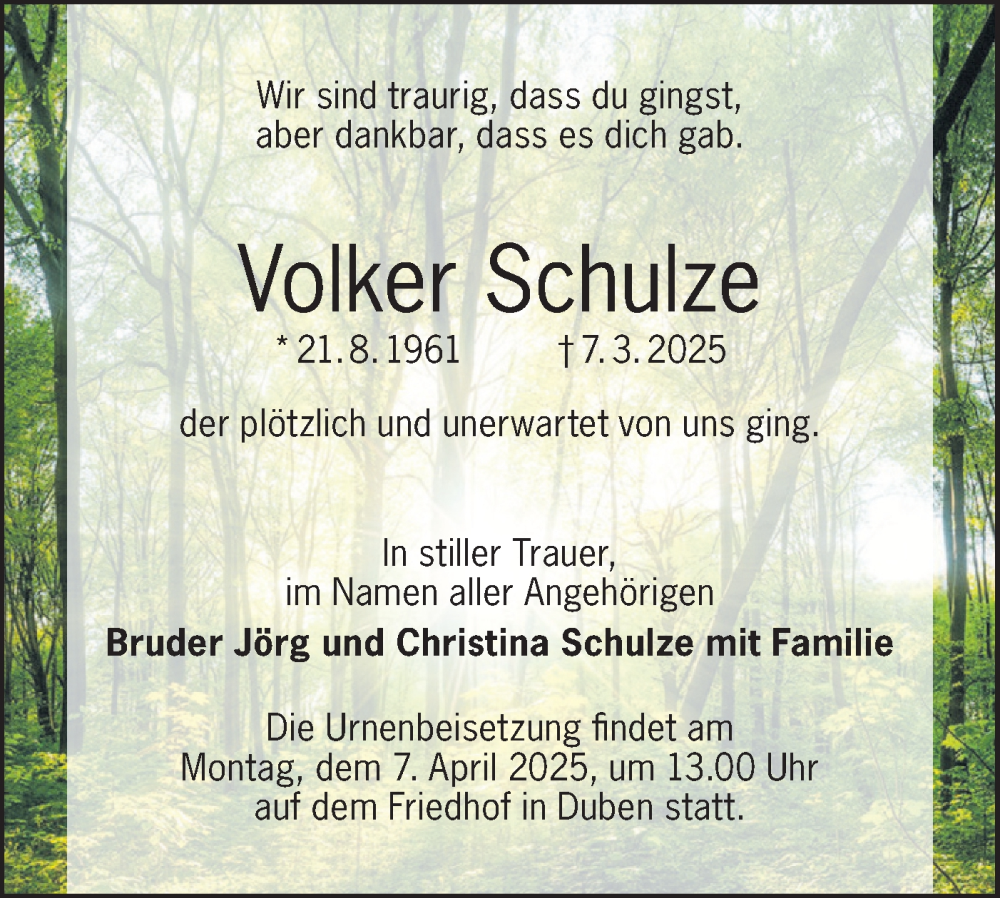  Traueranzeige für Volker Schulze vom 22.03.2025 aus Lausitzer Rundschau