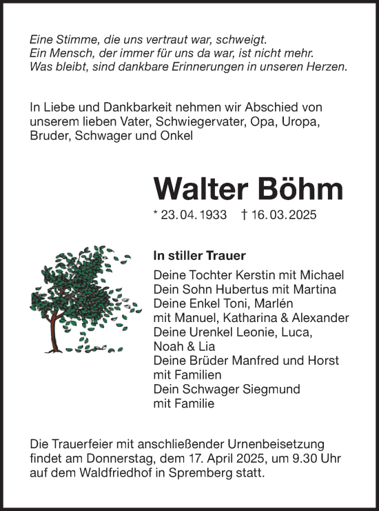 Traueranzeige von Walter Böhm von Lausitzer Rundschau