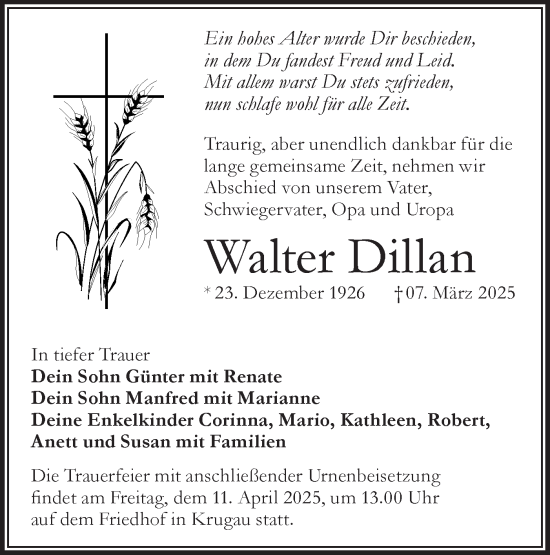 Traueranzeige von Walter Dillan von Lausitzer Rundschau