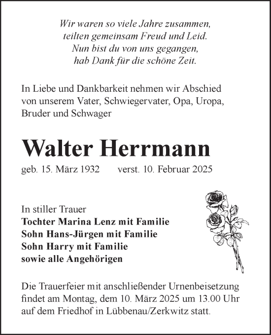 Traueranzeige von Walter Herrmann von Lausitzer Rundschau