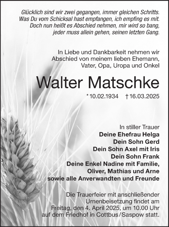 Traueranzeige von Walter Matschke von Lausitzer Rundschau