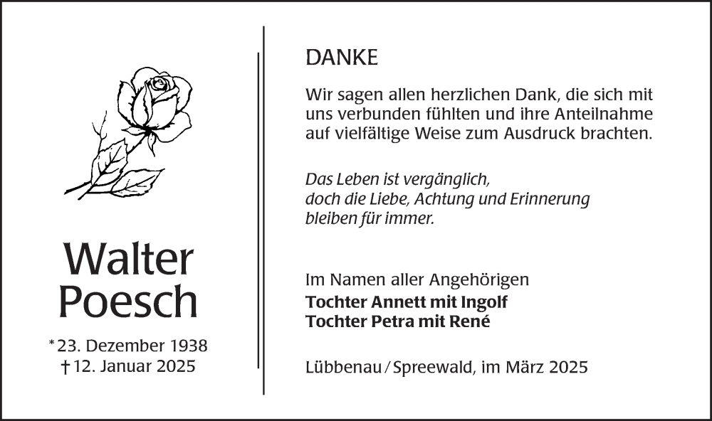  Traueranzeige für Walter Poesch vom 15.03.2025 aus Lausitzer Rundschau