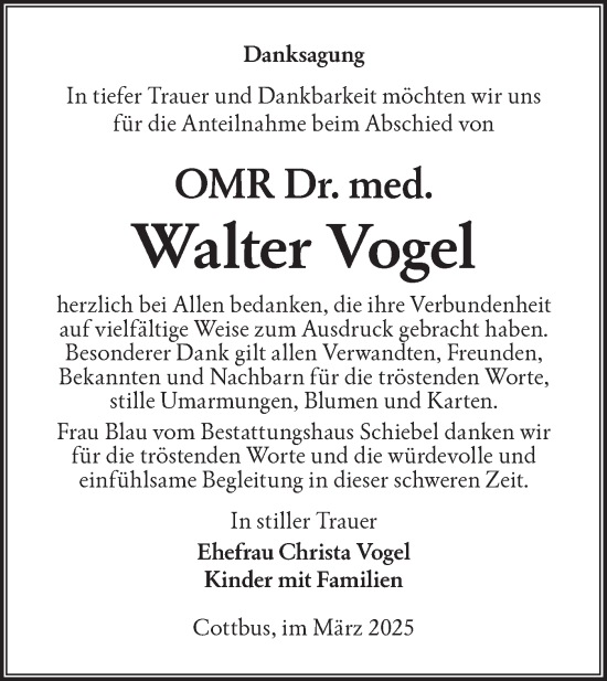 Traueranzeige von Walter Vogel von Lausitzer Rundschau