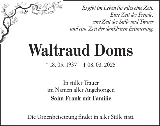 Traueranzeige von Waltraud Doms von Lausitzer Rundschau