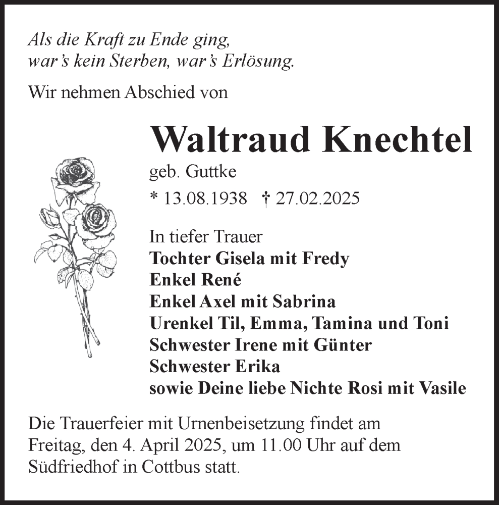  Traueranzeige für Waltraud Knechtel vom 22.03.2025 aus Lausitzer Rundschau