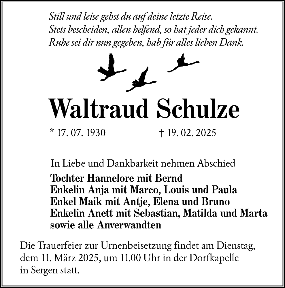  Traueranzeige für Waltraud Schulze vom 01.03.2025 aus Lausitzer Rundschau