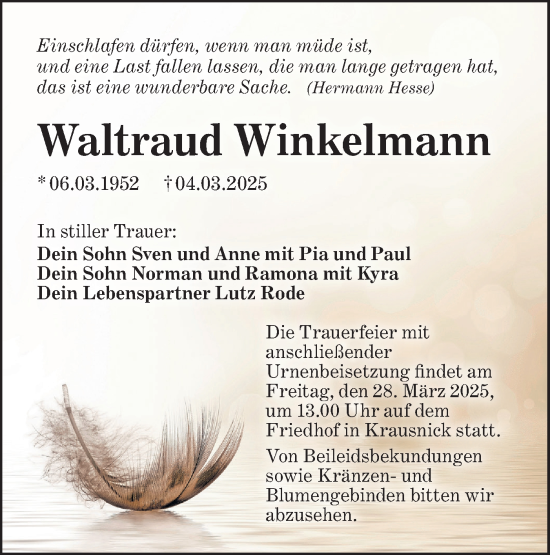 Traueranzeige von Waltraud Winkelmann von Lausitzer Rundschau