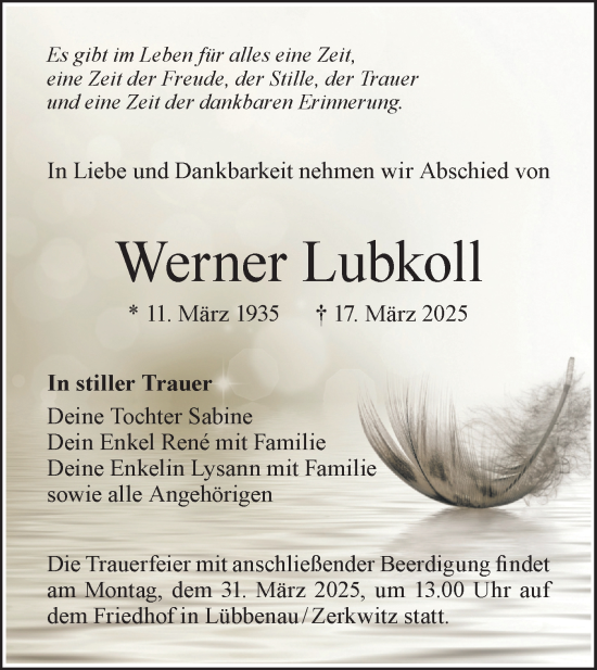 Traueranzeige von Werner Lubkoll von Lausitzer Rundschau