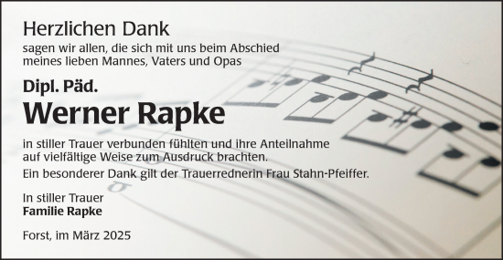 Traueranzeige von Werner Rapke von Lausitzer Rundschau