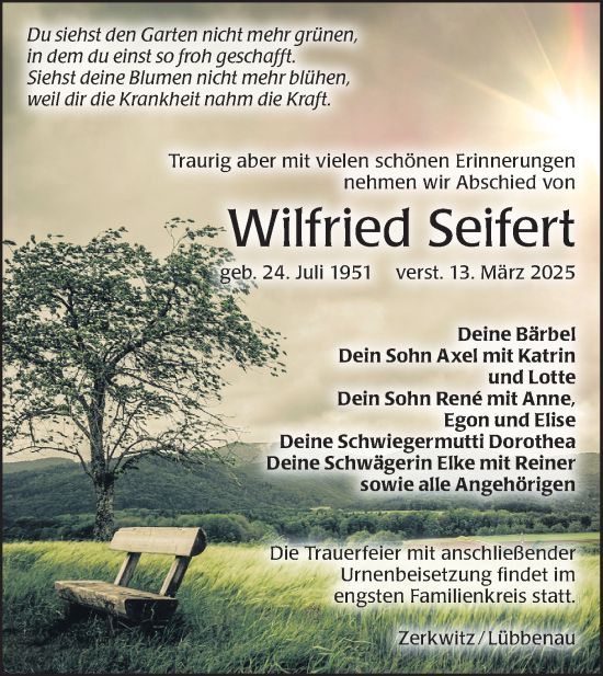 Traueranzeige von Wilfried Seifert von Lausitzer Rundschau
