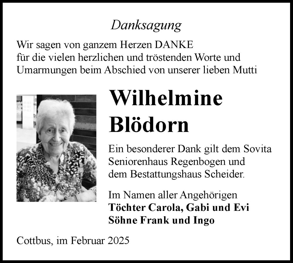  Traueranzeige für Wilhelmine Blödorn vom 01.03.2025 aus Lausitzer Rundschau